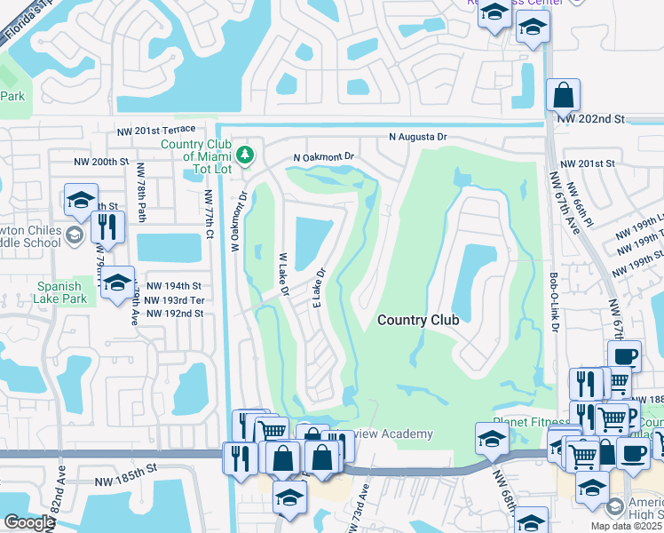 map of restaurants, bars, coffee shops, grocery stores, and more near 19421 East Lake Drive in Hialeah