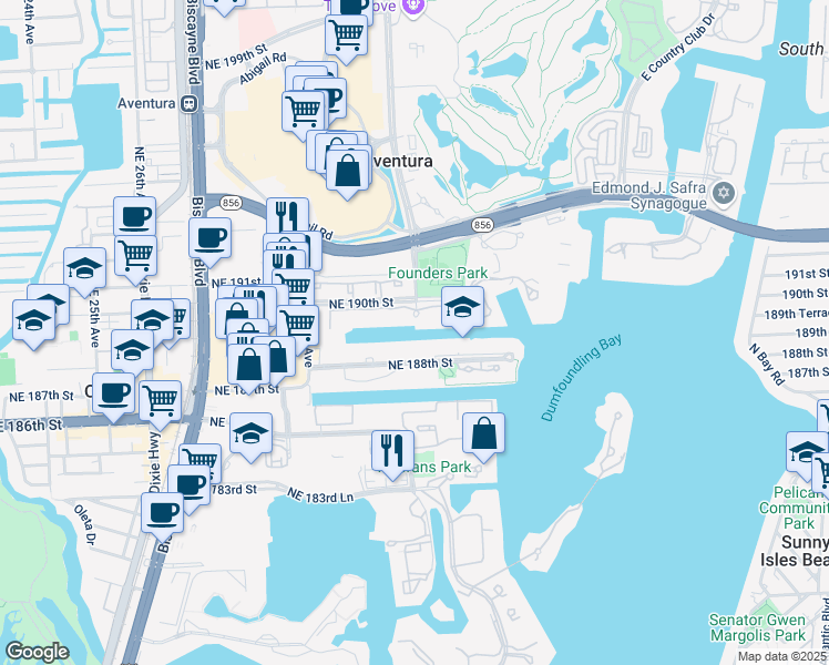 map of restaurants, bars, coffee shops, grocery stores, and more near 3131 Northeast 188th Street in Aventura