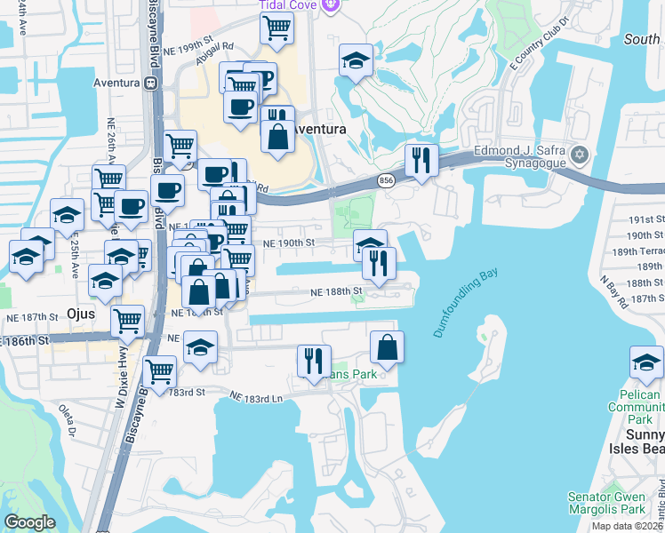map of restaurants, bars, coffee shops, grocery stores, and more near 3131 Northeast 188th Street in Miami