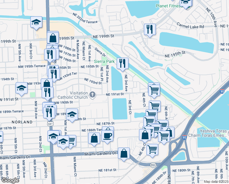 map of restaurants, bars, coffee shops, grocery stores, and more near 270 Northeast 191st Street in Miami