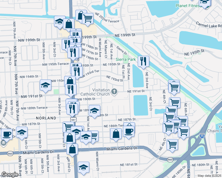 map of restaurants, bars, coffee shops, grocery stores, and more near 118-136 Northeast 191st Street in Miami