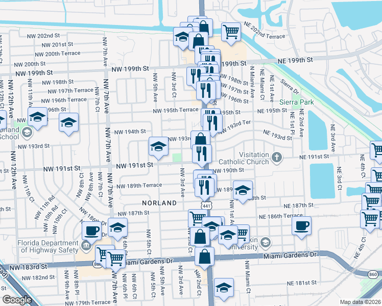 map of restaurants, bars, coffee shops, grocery stores, and more near 265 Northwest 191st Street in Miami