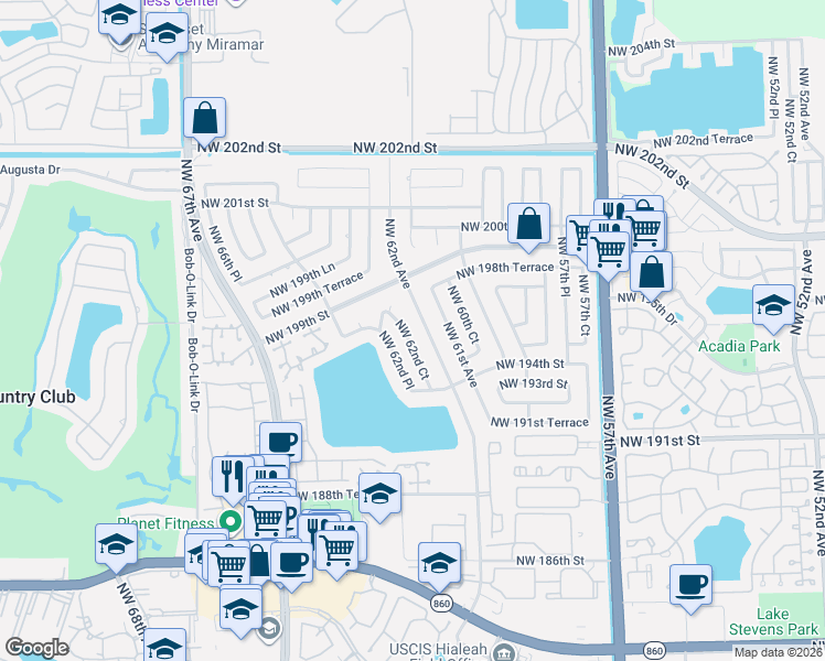 map of restaurants, bars, coffee shops, grocery stores, and more near 19643 Northwest 62nd Place in Hialeah