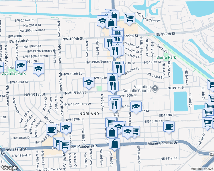 map of restaurants, bars, coffee shops, grocery stores, and more near 265 Northwest 191st Street in Miami