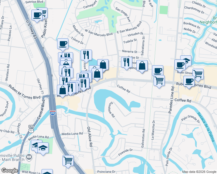 map of restaurants, bars, coffee shops, grocery stores, and more near 1414 East Ruben M Torres Sr Boulevard in Brownsville