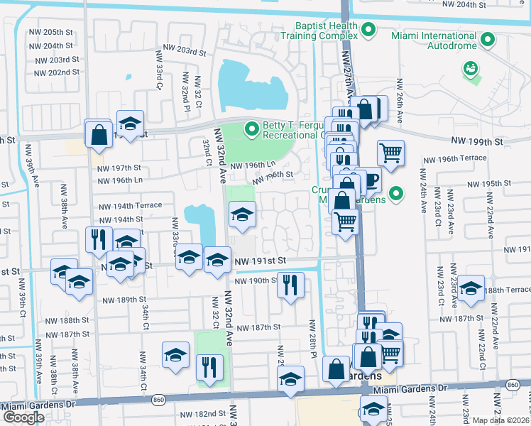 map of restaurants, bars, coffee shops, grocery stores, and more near 2983 Northwest 193rd Terrace in Miami Gardens