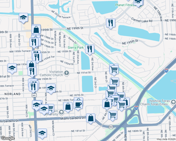 map of restaurants, bars, coffee shops, grocery stores, and more near 270 Northeast 191st Street in Miami