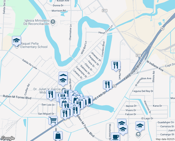 map of restaurants, bars, coffee shops, grocery stores, and more near 6014 Sabinas Street in Brownsville