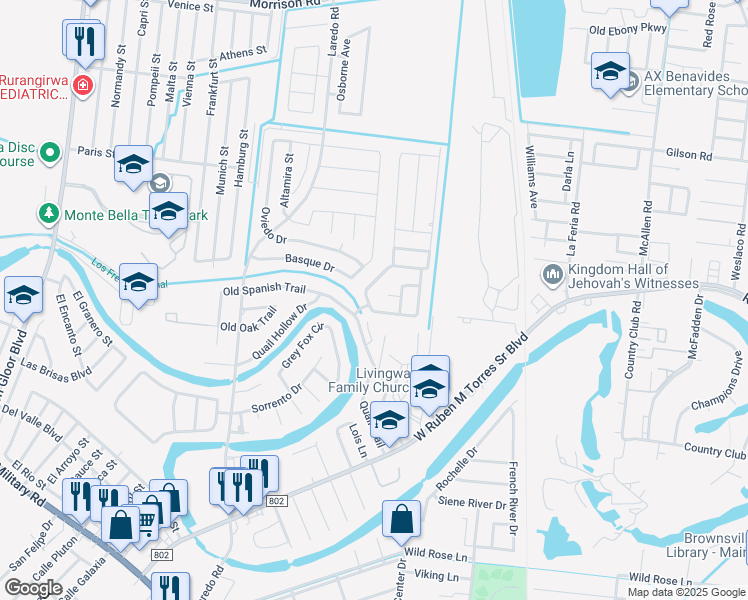 map of restaurants, bars, coffee shops, grocery stores, and more near Ridge Trail in Brownsville