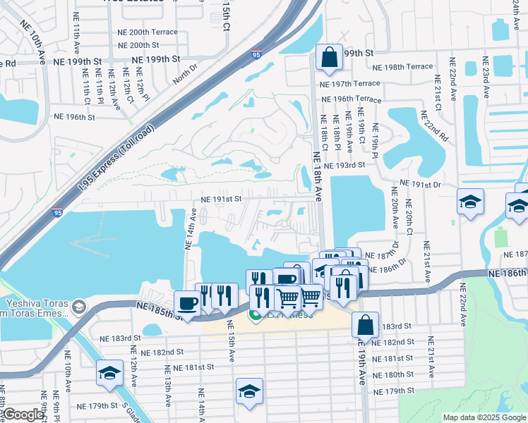 map of restaurants, bars, coffee shops, grocery stores, and more near 1690 Northeast 191st Street in North Miami Beach