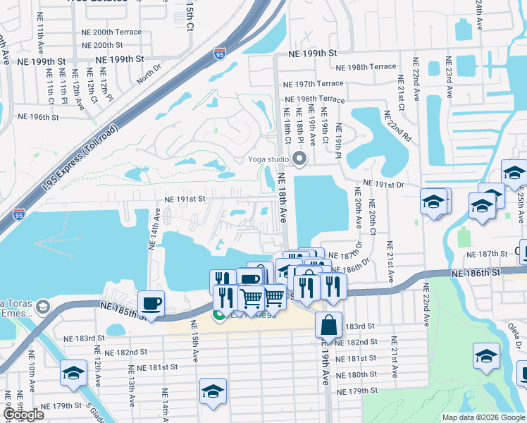 map of restaurants, bars, coffee shops, grocery stores, and more near 1780 Northeast 191st Street in North Miami Beach