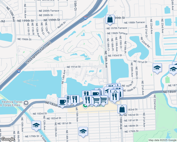map of restaurants, bars, coffee shops, grocery stores, and more near 1690 Northeast 191st Street in North Miami Beach