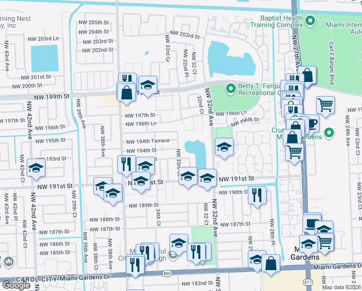 map of restaurants, bars, coffee shops, grocery stores, and more near 3307 Northwest 193rd Street in Miami Gardens
