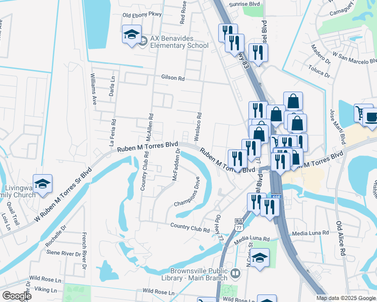 map of restaurants, bars, coffee shops, grocery stores, and more near 605 International Boulevard in Brownsville