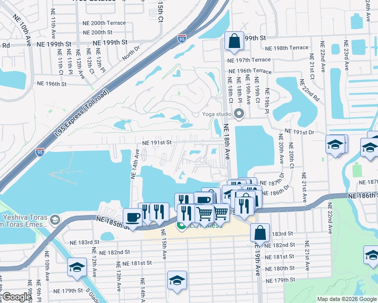 map of restaurants, bars, coffee shops, grocery stores, and more near 1690 Northeast 191st Street in North Miami Beach