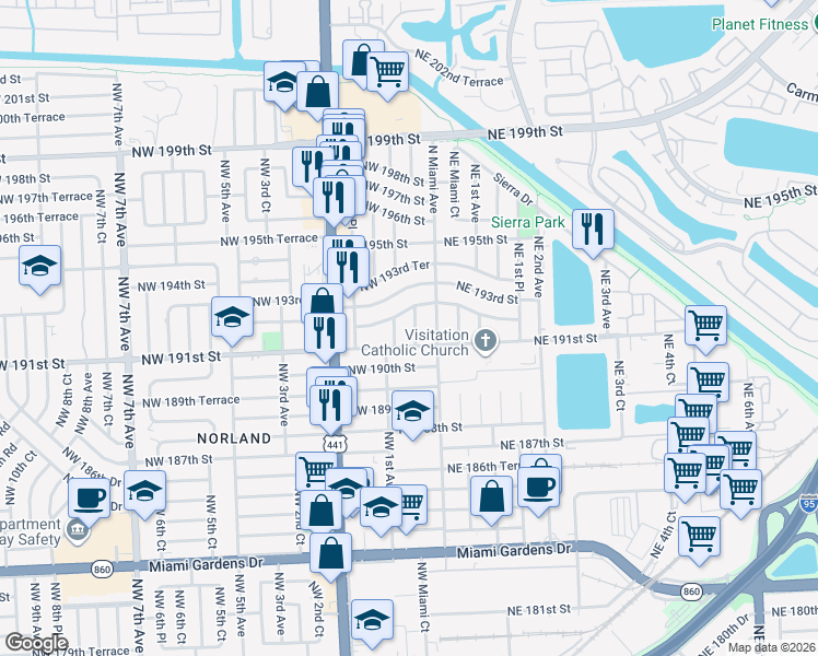 map of restaurants, bars, coffee shops, grocery stores, and more near 32 Northwest 191st Street in Miami Gardens