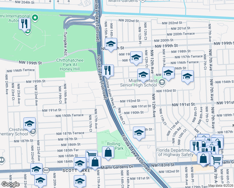 map of restaurants, bars, coffee shops, grocery stores, and more near 1425 Northwest 192nd Street in Miami