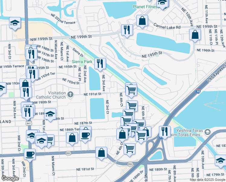 map of restaurants, bars, coffee shops, grocery stores, and more near 375 Northeast 191st Street in Miami