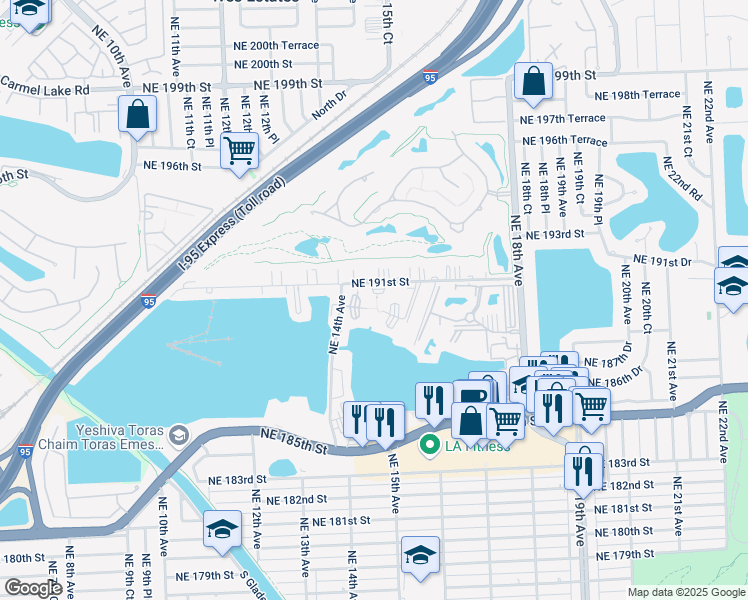 map of restaurants, bars, coffee shops, grocery stores, and more near 19001 Northeast 14th Avenue in Miami