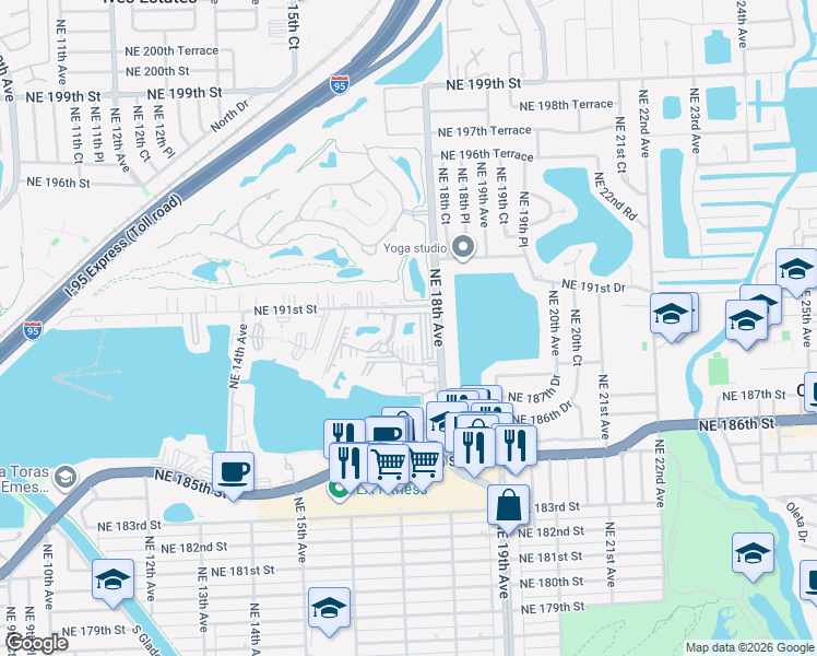 map of restaurants, bars, coffee shops, grocery stores, and more near 1780 Northeast 191st Street in North Miami Beach