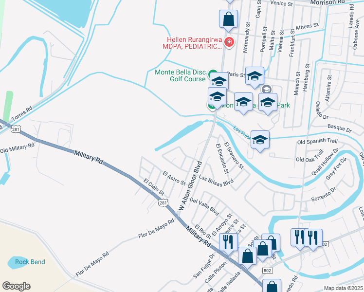 map of restaurants, bars, coffee shops, grocery stores, and more near 1948 El Paraiso Drive in Brownsville
