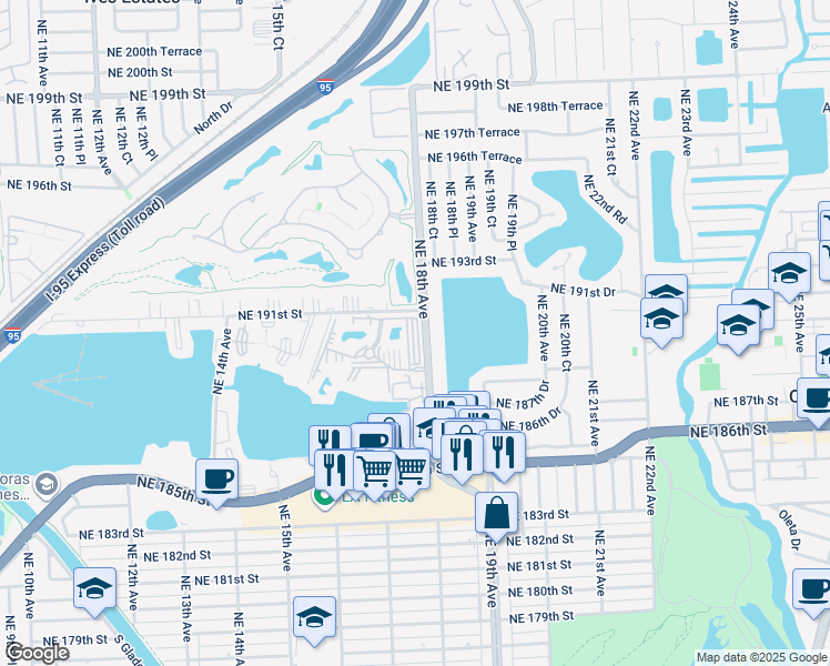 map of restaurants, bars, coffee shops, grocery stores, and more near 1780 Northeast 191st Street in North Miami Beach