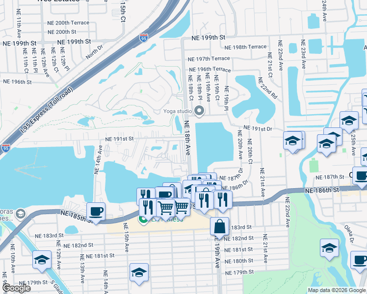 map of restaurants, bars, coffee shops, grocery stores, and more near 1780 Northeast 191st Street in North Miami Beach