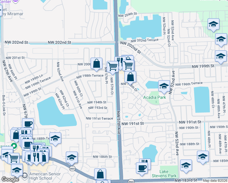 map of restaurants, bars, coffee shops, grocery stores, and more near 19451 Northwest 57th Court in Hialeah