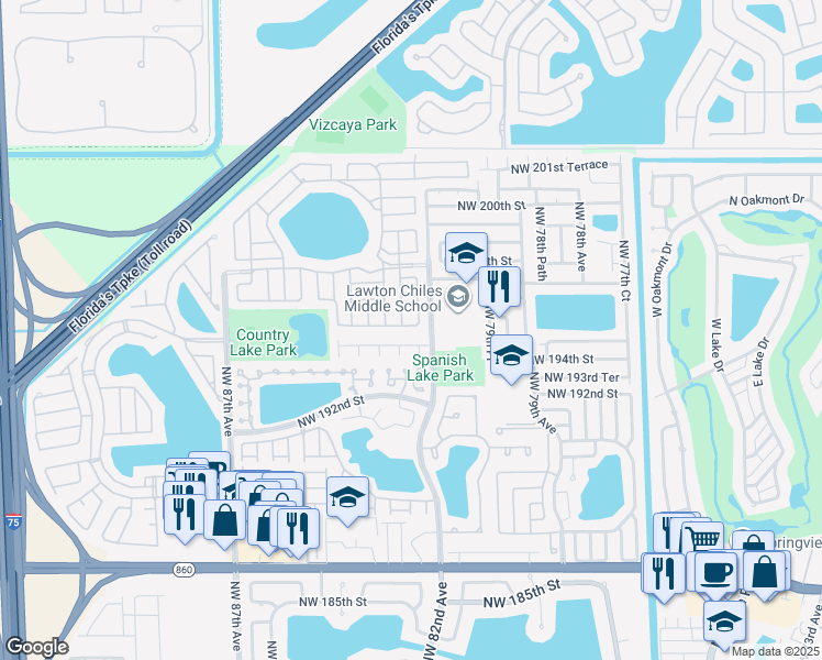 map of restaurants, bars, coffee shops, grocery stores, and more near 19415 Northwest 82nd Place in Hialeah