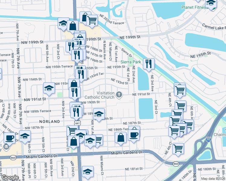 map of restaurants, bars, coffee shops, grocery stores, and more near 67 Northeast Miami Court in Miami