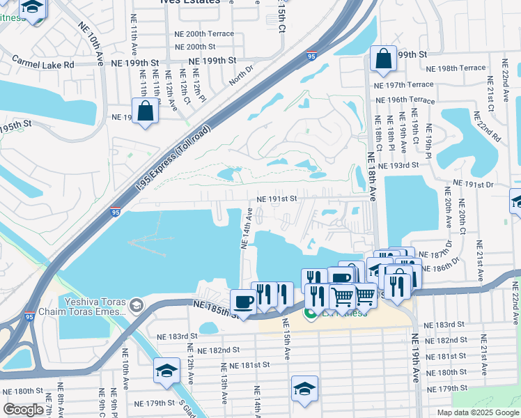 map of restaurants, bars, coffee shops, grocery stores, and more near 19001 Northeast 14th Avenue in Miami