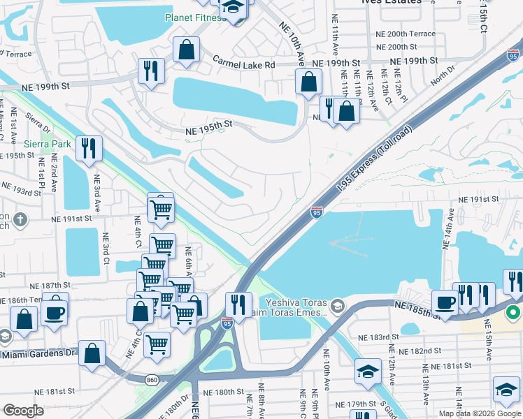 map of restaurants, bars, coffee shops, grocery stores, and more near 19125 Northeast 8th Court in Miami