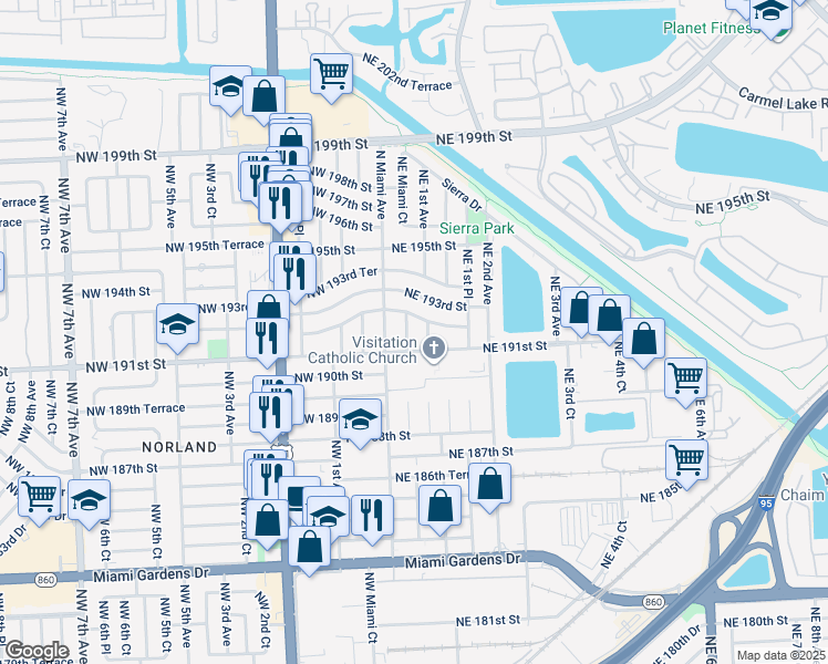 map of restaurants, bars, coffee shops, grocery stores, and more near 67 Northeast Miami Court in Miami