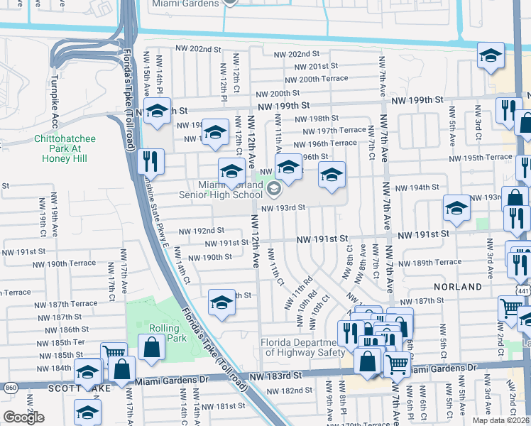 map of restaurants, bars, coffee shops, grocery stores, and more near 19201 Northwest 12th Avenue in Miami