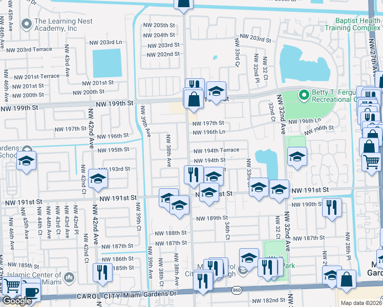 map of restaurants, bars, coffee shops, grocery stores, and more near in Miami Gardens