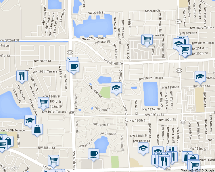 map of restaurants, bars, coffee shops, grocery stores, and more near 5398 Northwest 195th Terrace in Opa-locka