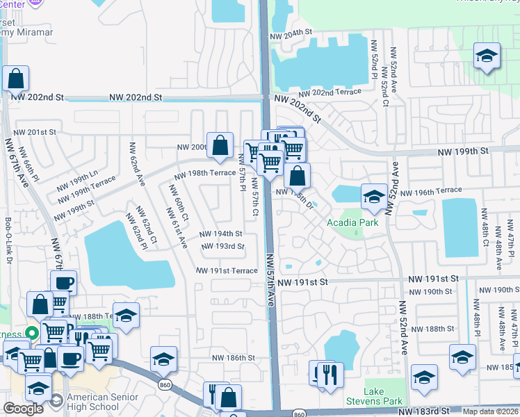 map of restaurants, bars, coffee shops, grocery stores, and more near 19451 Northwest 57th Court in Hialeah