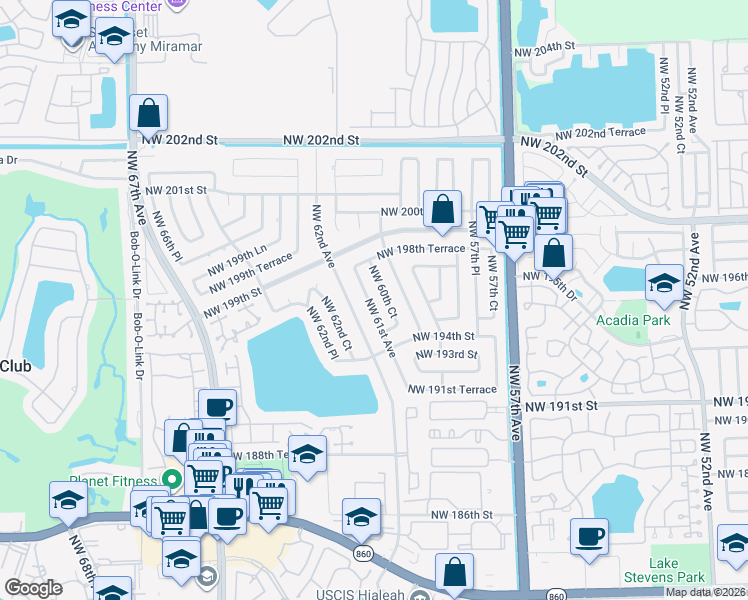 map of restaurants, bars, coffee shops, grocery stores, and more near 19497 Northwest 62nd Avenue in Hialeah