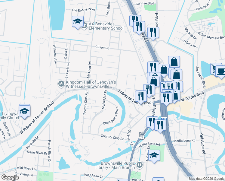 map of restaurants, bars, coffee shops, grocery stores, and more near 605 International Boulevard in Brownsville