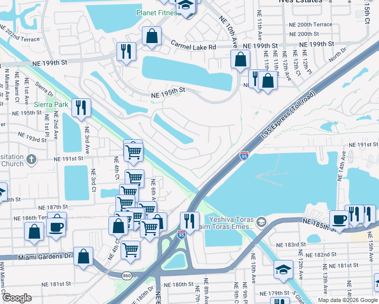 map of restaurants, bars, coffee shops, grocery stores, and more near 804 Northeast 191st Street in Miami