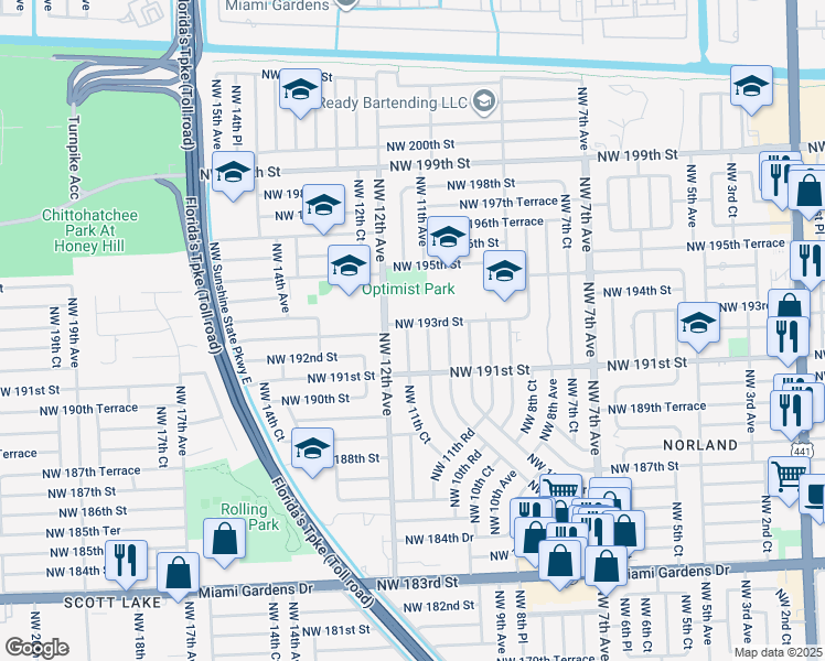 map of restaurants, bars, coffee shops, grocery stores, and more near 19130 Northwest 11th Avenue in Miami