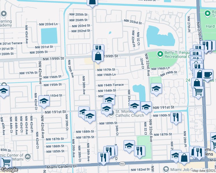 map of restaurants, bars, coffee shops, grocery stores, and more near 3520 Northwest 194th Terrace in Miami Gardens
