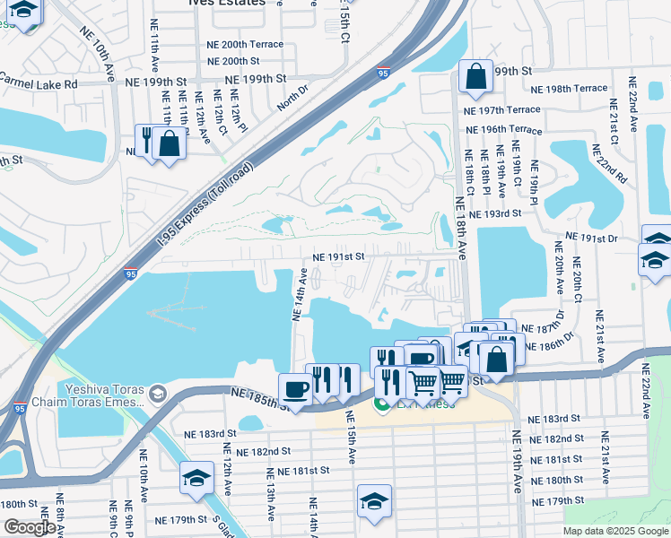 map of restaurants, bars, coffee shops, grocery stores, and more near 1401 Northeast 191st Street in Miami