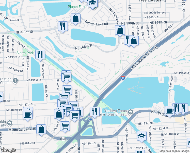 map of restaurants, bars, coffee shops, grocery stores, and more near 762 Northeast 193rd Street in Miami