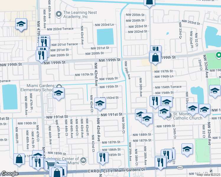 map of restaurants, bars, coffee shops, grocery stores, and more near 4000 Northwest 196th Street in Miami Gardens