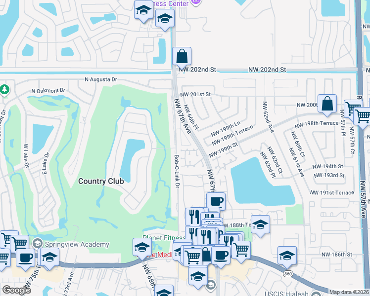 map of restaurants, bars, coffee shops, grocery stores, and more near 19601 Cypress Court East in Hialeah
