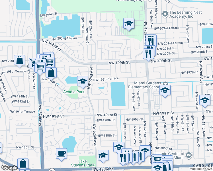 map of restaurants, bars, coffee shops, grocery stores, and more near 5059 Northwest 195th Lane in Miami Gardens
