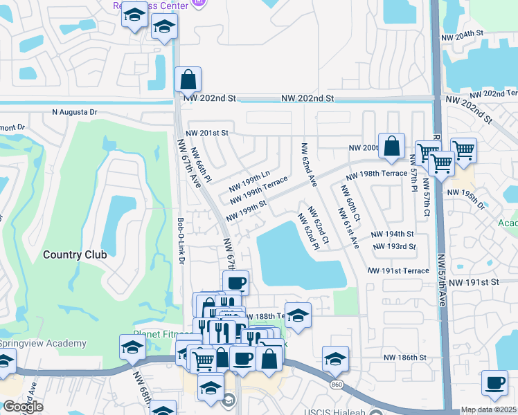 map of restaurants, bars, coffee shops, grocery stores, and more near 6404 Northwest 199th Terrace in Hialeah