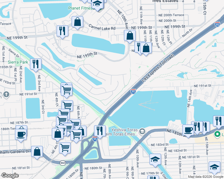 map of restaurants, bars, coffee shops, grocery stores, and more near 909 Northeast 191st Street in Miami