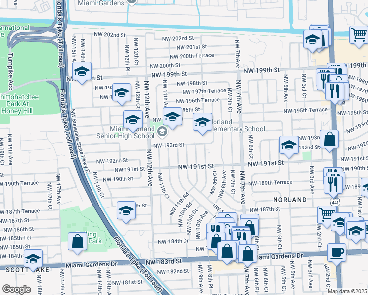 map of restaurants, bars, coffee shops, grocery stores, and more near 1050 Northwest 193rd Street in Miami